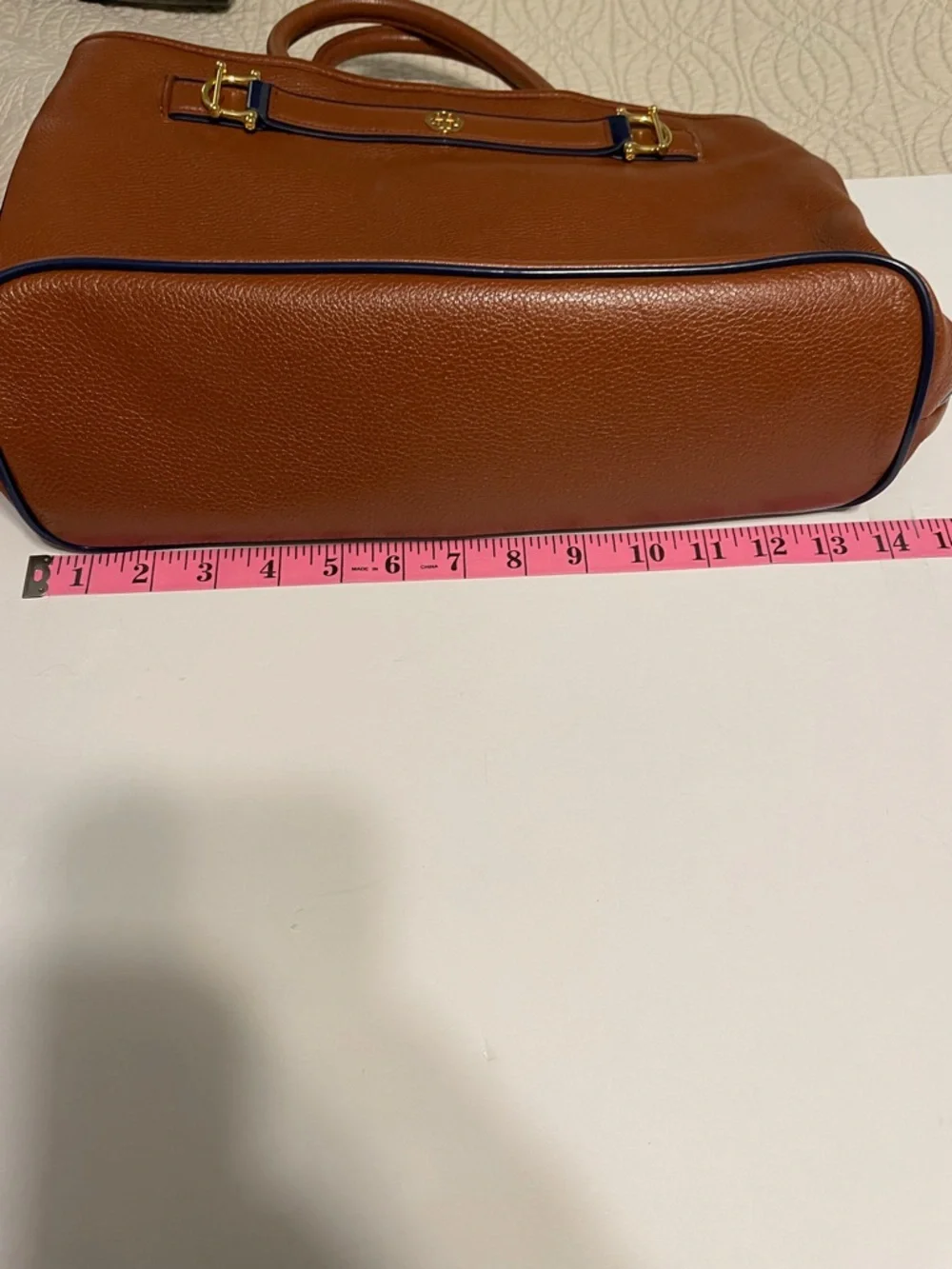 Tory Burch Cognac Jardin Pebbled Leather Tote with Navy Trim - Picture 8 of 11